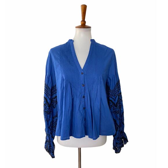 Zara Womens Floral Embroidered Eyelet Button Up Blouse Blue S Small - Picture 1 of 8